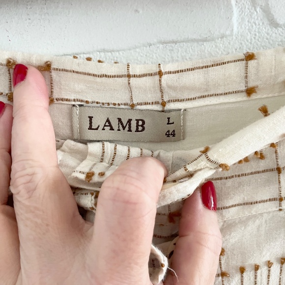 L.A.M.B Wide leg pants cotton linen Embroidered Ecru Caramel Lagenlook pockets L - Picture 6 of 13